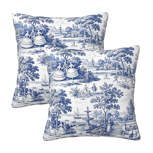 EOFEULANG Blue White Toile Throw Pillow Covers 18x18 Set of 2 Vintage French Country...