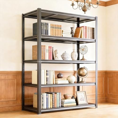 Image of 5 Tier Bookshelf, Large Industrial Metal Shelving, Heavy Duty Storage Shelves For Books And Display. Adjustable Open Standing Book Shelf For Living Room, Bedroom, Office (39.4 inchWx15.7 inchDx71.2 inchH)