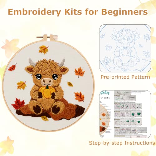Image of Louise Maelys Highland Cow Embroidery Kit for Beginners(Autumn