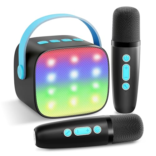YLL Mini Karaoke Machine with 2 Wireless Microphones, TOP Kids Gifts for Girls Ages 3, 4, 5, 6, 7, 8, 9,10,11,12 +Year Old, 4-12 Years Old Birthday Toy Gift for Girls Boys Party (Black Blue)