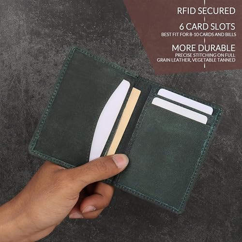 Image of Contacts Genuine Leather Slim Card Wallet for Men | RFID Blocking Minimalist Front Pocket Wallet | Compact Bifold Card Holder with Cash Slot (Seattle Green)