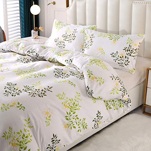 ENCOFT 3 Piezas Fundas para Edredón Reversible Double 200x200cm con 2 Fundas de Almohada 50x75cm, Ropa de Cama en Poliéster Suave Estampada Flores Hojas, Verde Blanco