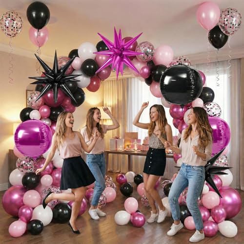 Image of 6pcs 22 Inch Hot Pink Black Star Balloons And 4d Large Foil Balloons, Hot Pink Foil Star Spike Balloon Black 4d Ball Balloon For Girls Women Birthday Baby Shower Party Wedding Anniversary Decorations
