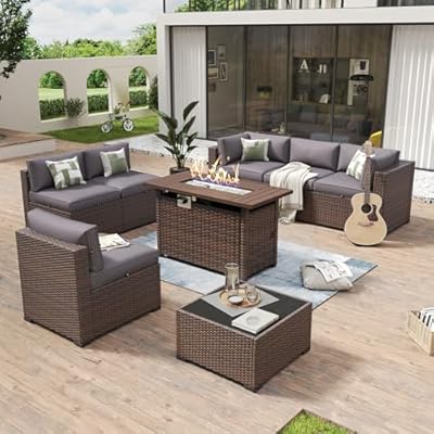 Aoxun 8 Piece Patio Furniture Set with 44” Fire Pit Table Wicker Rattan Outdoor Sectional Sofa Set with Coffee Table and Thickened Cushions, Gray (Waterproof Cover Included)