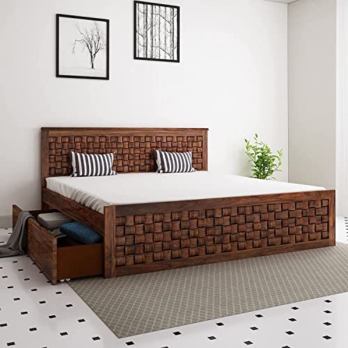 Image of SHRI MINTU'S ART Solid Sheesham Wood King Size Bed Without Storage | Wooden Double Bed Cot Bed for Bedroom Furniture | Palang Double Bed for Hotels | All (King, Warm Chesnut Finish)
