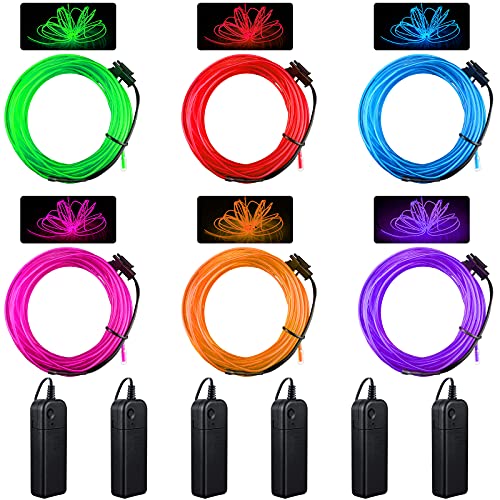6 Pieces El Wire Portable El Wire Neon Lights 16.4 Ft Wearable Led Lights Electroluminescent Wire Battery Operated Glow Wire Neon El Wire Led Lights for DIY Costume Halloween Car Christmas Decorations