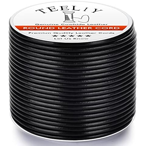 Teeliy Round Leather Cord Genuine Cowhide Leather String Lace Cord, Natural Real Full Grain Cowhide Leather Rope for Jewelry Making, Kumihimo Braiding, Necklaces, Craft Projects (2.0 mm_Black) Cover