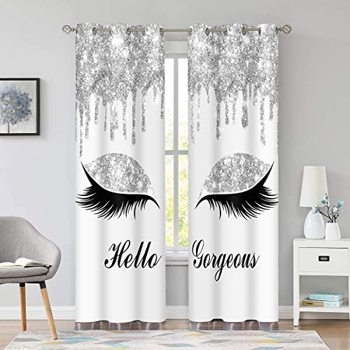 Bsppti CLLSSP1156 Hello Gorgeous Unicorn Eyelash Print Curtain, (No Glitter No Sequin) Drips White Room Darkening Thermal Insulated Blackout Window Drapes For Living, Bedroom, 42"X 84", 2 Panels thumb #1