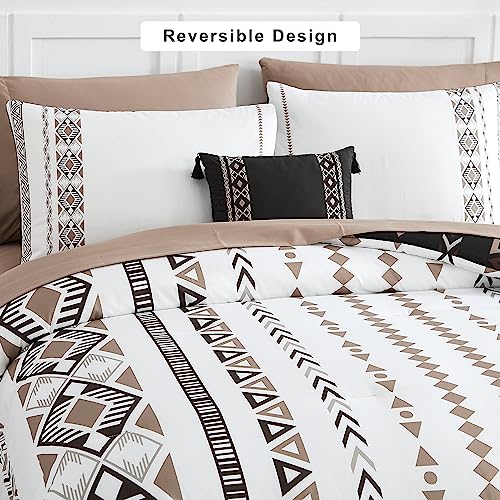 Geniospin Oversized Queen Comforter Set - 7 Pieces Reversible Bedding Set, Boho Bed in A Bag, Lightweight Soft Aztec Bedding, All Season Bed Comforter Set with Sheets, Pillowcases & Shams