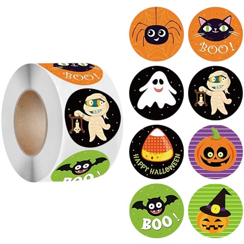 500pcs Round Halloween Stickers 2.5cm Halloween Stickers Roll Pumpkin Ghost Round Self Adhesive Stickers for Card Making Sealing Envelopes Wrapping Presents Halloween Party Stickers Decoration