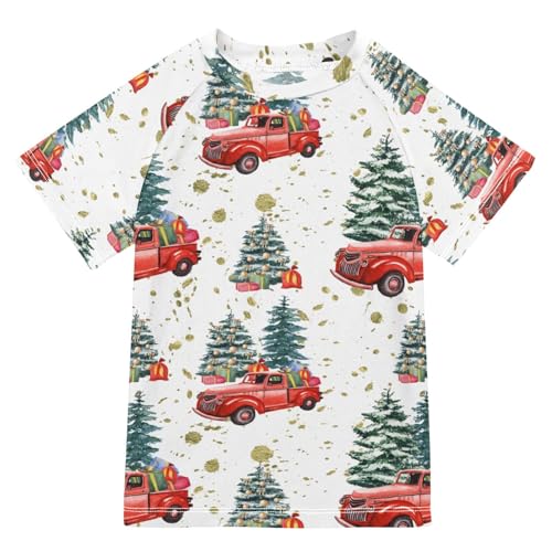Aflyko Christmas Boys' Swim Shirt Red Truck Pine Trees Rash Guard Beachwear Sun Protection Fishing Hiking Camping Surfing Swimming Toddler Infant Summer Daily T-Shirt, 4T