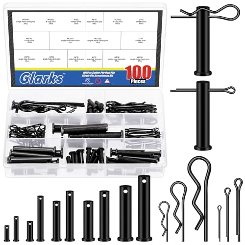 Glarks 100pcs 16 Sizes Clevis Pins with Cotter Pins and R Clips Set, Black, Include 50pcs Link Hinge Pins with 25pcs Key Fastener Fitting and 25pcs R-Clips, Single Hole Flat Head Clevis Pins Kit