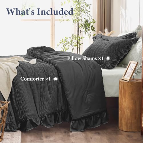 Image of JOLLYVOGUE Black Twin /Twin XL Comforter Set, 2 Pieces Seersucker Lightweight Fluffy Bedding Set, Twin Ruffle Comforter, All Season Soft Microfiber Shabby Chic Bed Set