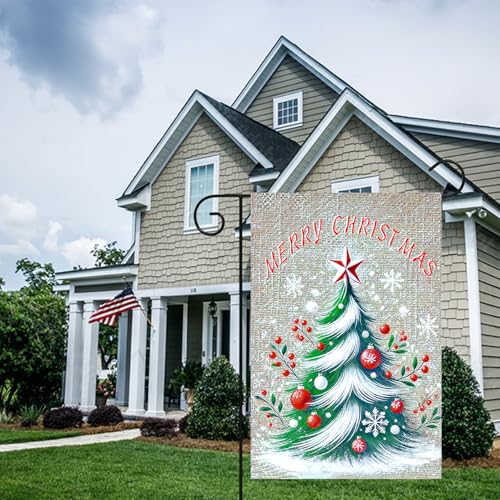 Image of BlissYard Christmas Garden Flag 12x18 Inch Tree Red Berries Yard Decor | Double sided polyester, tree red berries design, classic holiday home decor for Christmas porch and yard