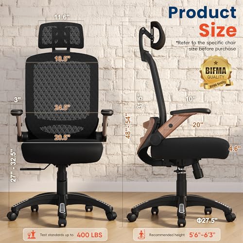 Image of GABRYLLY Ergonomic Office Chair, High Back Home Desk Chair with Flip-Up Arms, 3D Headrest, Thick Sponge Seat &90-120 Recline, Big and Tall Mesh Executive Chairs for Man Woman, Black Woodgrain