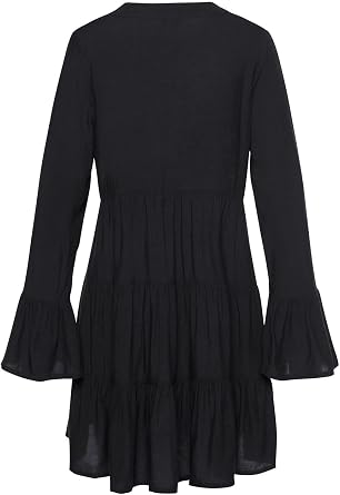 LASCANA Womens Long Sleeve Flowy Dress V-Neck Panel, Sheer Lace Detail, Tiered Skirt, Flared Cuffs, Lightweight Fabric