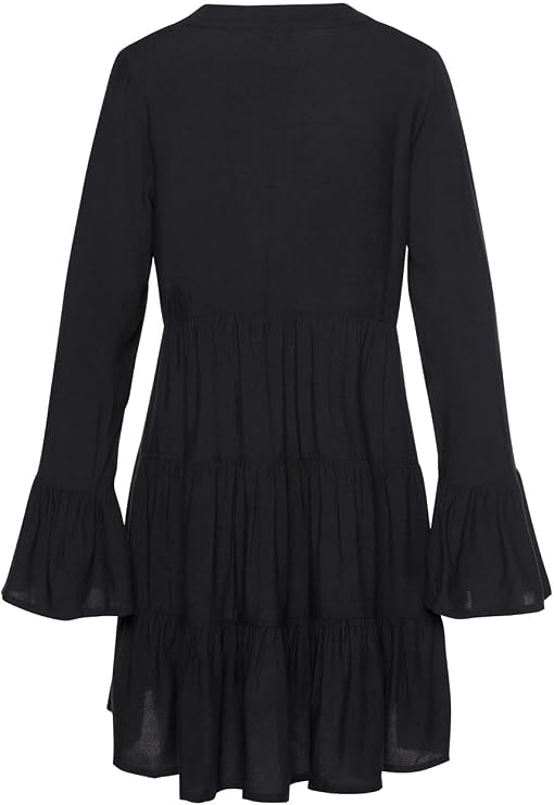 LASCANA Womens Long Sleeve Flowy Dress V-Neck Panel, Sheer Lace Detail, Tiered Skirt, Flared Cuffs, Lightweight Fabric