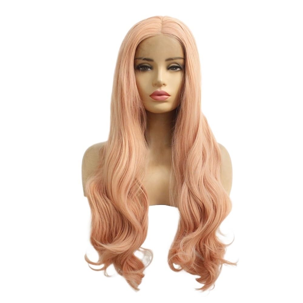xiuling4568 Rose Gold Long Wavy Peach Pink Synthetic Wig Natural Hairline 13 x3 Lace Front Wigs 180 Density for Women Hairs Extensions(26inch)