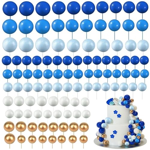 Lot de 108 boules de décoration de gâteau DIY Mini ballon Cupcake Décoration de gâteau pour mariage anniversaire (blanc, or, bleu)