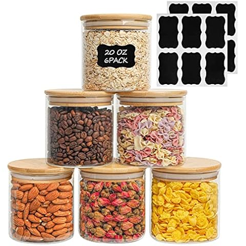 ComSaf Airtight Glass Food Storage Jars Set of 6, 20oz Clear Glass Food Storage Container with Sealing Wooden Lid, Stackable Spice Jar, Round Kitchen Canister for Sugar, Tea, Coffee bean, Pasta, Oat Cover