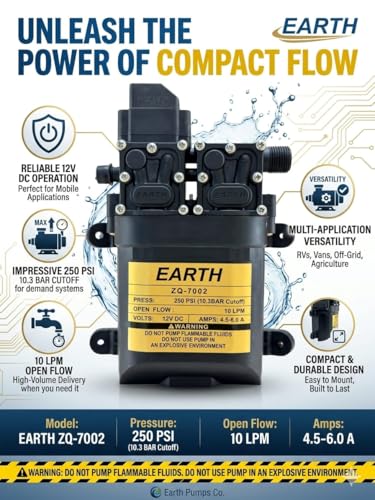 Image of Earth High Pressure Diaphragm Pump Double Motor 12V Dc Motor Kit 250 Psi 4452 Copper Agriculture Farm Fogger Misting Spray Motor Pump with 10 Feet Outlet Pipe, 4 Feet Inlet Pipe & 2 Clamp