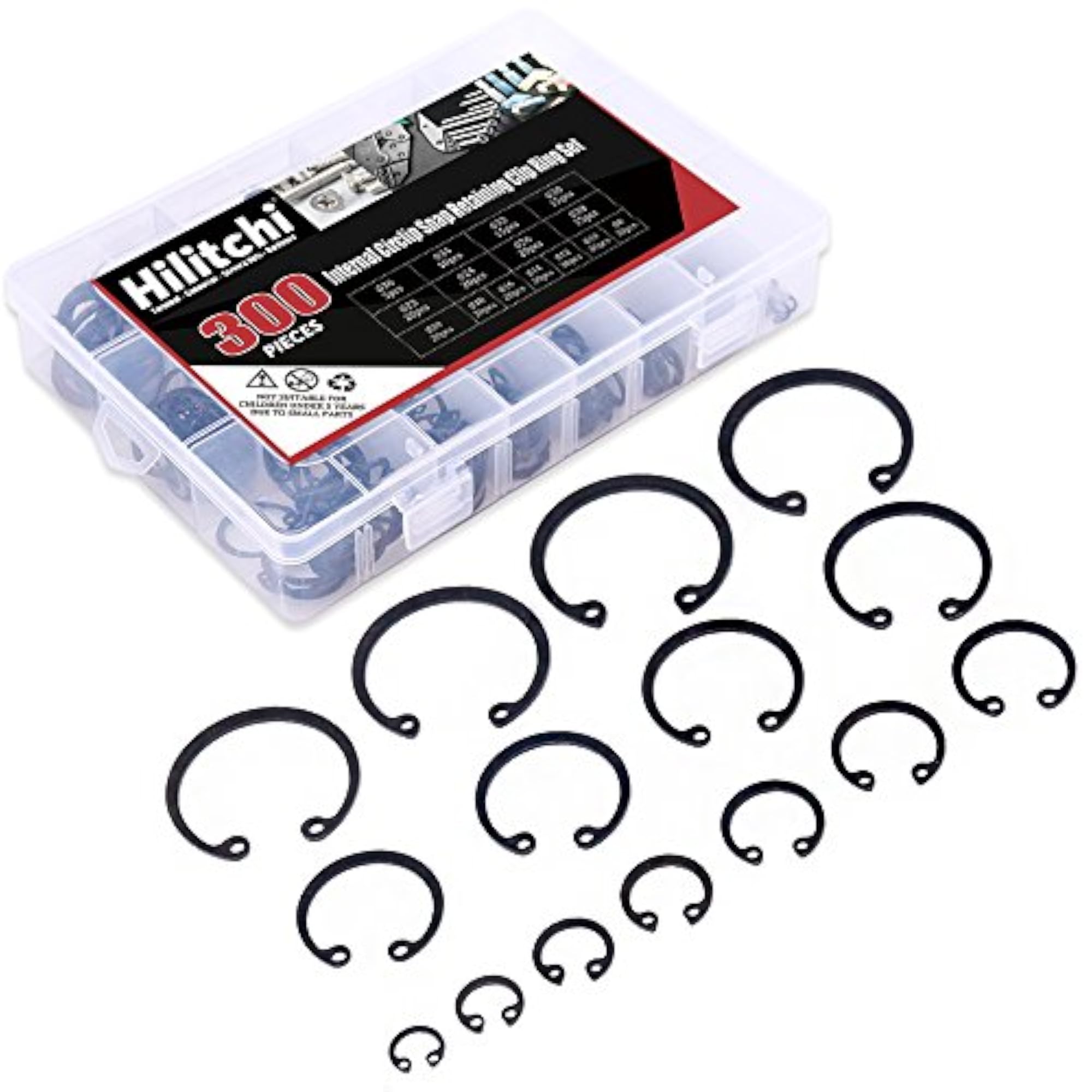 300-Pcs Alloy Steel Internal Circlip Snap Retaining Clip Ring Set