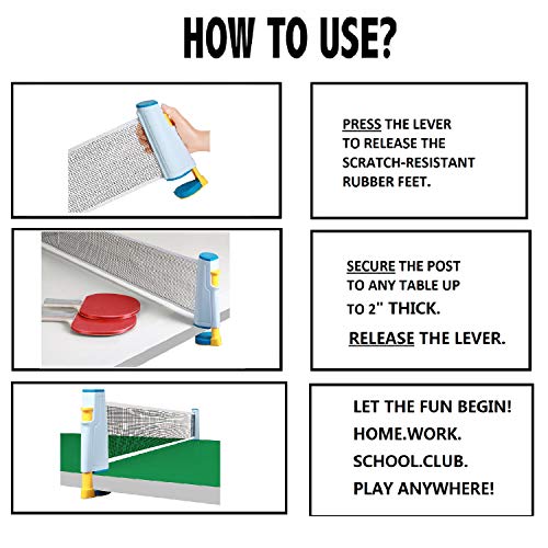 Ping Pong Net Table Tennis - Win SPORTS Paddle Set with Retractable Net,Play Anywhere Ping Pong Net for Any Table,2 Table Tennis Paddle& Rackets,3 Balls,Storage Case