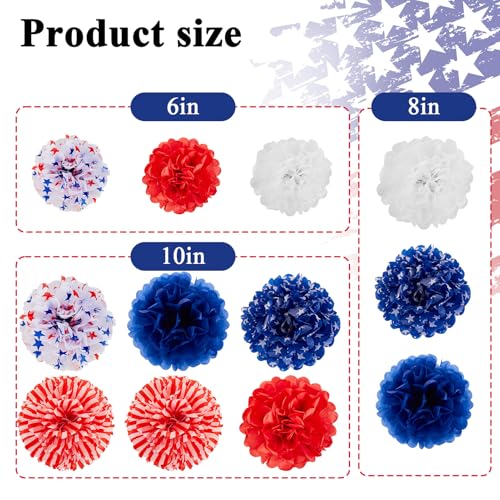 Image of 12 Pcs Patriotic Tissue Paper Pom Pom Flowers, Red White Blue 4th of July Party Decorations, Independence Day Memorial Day Backdrop Holiday Home Decor USA Flag Theme Party Supplies