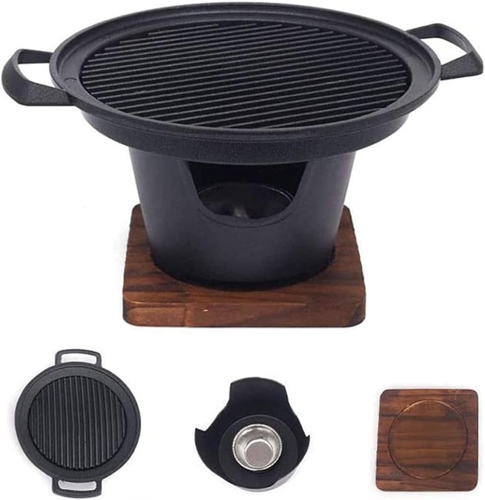 Mini BBQ Grill Cast Iron Portable Stove with Base and Fuel Holder Camping Stove BBQ Grill Pans for Outdoor Cooking Hiking Picnic Travel，