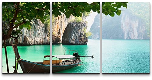 wall26 - 3 Piece Canvas Wall Art - Long Boat on Island in Thailand - Modern Home Art Stretched and Framed Ready to Hang - 24