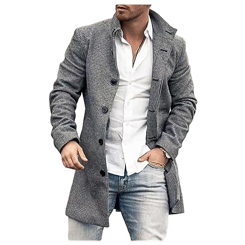 Mens Casual Plaid Notch Lapel Trench Coat Single Breasted Mid-Long Warm Pea Coats Soft Tops Fashion Jacket Overcoat