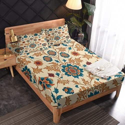 Rejkxyw William Morris Sheet Set for Bedroom Decor, Vintage Floral Sheets King Size Bed, Boho Chic Flower Blue Orange Beige Bedding 4 Piece, Soft Microfiber, Deep Pocket Bedding Sheets & Pillowcases