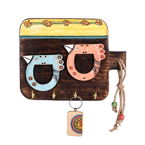 Image of AAKRITI ART CREATIONS Key Holder, Handcrafted Tribal Art Two Birds Design Key Hanger | Rustic Wood Wall Organizer with 4 Hooks | New Home Gifts | Multifunctional Entryway Decor