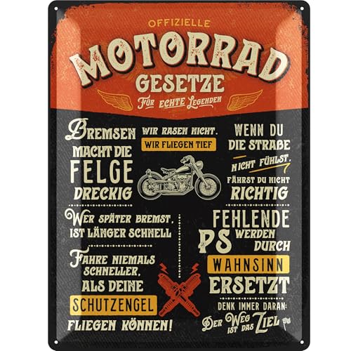 LANOLU XXL Retro Blechschild Motorrad Gesetze, Biker-Regeln- Geschenkidee für Männer und Biker - lustige Blechschilder Sprüche, Schild für Werkstatt und Garage als vintage Deko 30x40cm