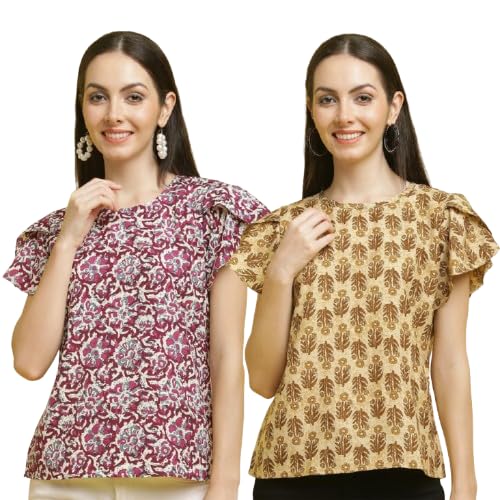 Image of Pinkmint Combo Top's for Women Stylish Ruffle Trim Petal Sleeve Tops (Pack of 2)