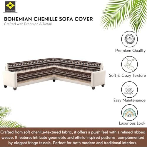 Image of Elegant Woven Brown Sofa Cover - Soft Chenille Traditional Pattern with Lace Style | L-Shape Sectional Seat Protector for Living Room | Durable & Stylish Slipcover 6 Seater L Shape