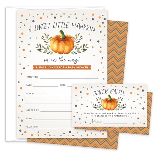 Koko Paper Co Sweet Little Pumpkin Baby Shower Invitations & Diaper Raffle Tickets – Fall Baby Shower Set – 25 Invites, Envelopes & Raffle Cards – Made in the USA