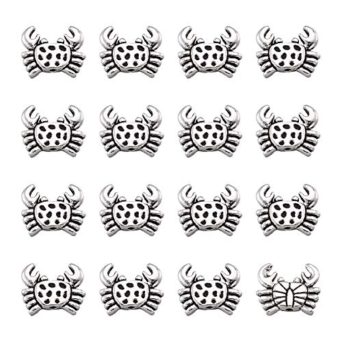 Fashewelry 20Pcs Antique Silver Crab Spacer Beads 12.5x15.5mm Tibetan Metal Sea Life Animal Ocean Creatures Charm Beads Hole: 1.4mm