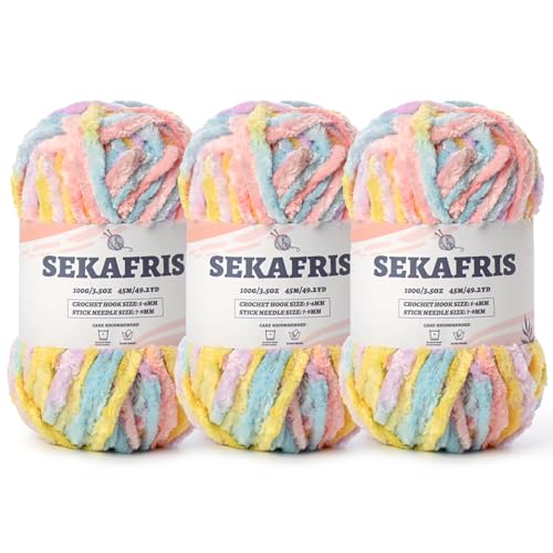 Image of Fuzzy Chunky Chenille Yarn for Crocheting,Soft Plush Yarns for Hand Knitting,Bulky 3x100g(3x49.2 yd) Baby Blanket Yarn for Crocheting Amigurumi,Crochet Fluffy Velvet Yarns (3 Macaron)