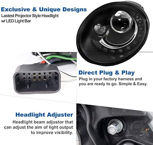 LED DRL Projector Headlights Headlamps Black Compatible with 2006-2010 Volkswagen Beetle