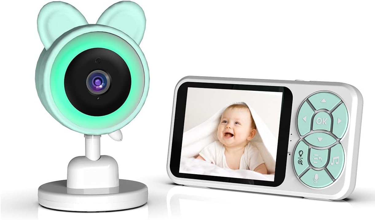 Smart Baby Monitor with Camera and Audio, Cute Design, RGB Color Night Light, HD Video, Cry Detection, Temperature Sensor, Two Way Talk, Remote Viewing, Lullabies, Ideal for New Parents