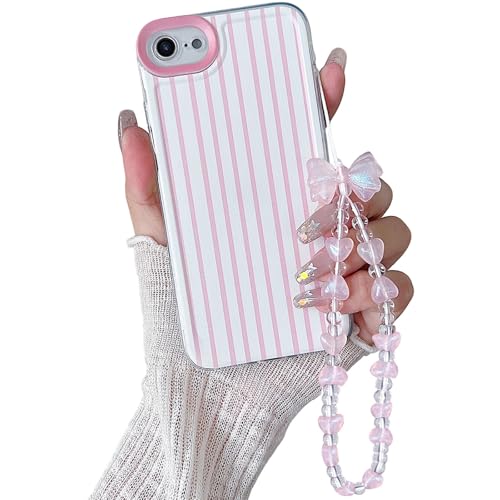 Fxlzcw Cute Striped Phone Case for iPhone 6 iPhone 6s with Bead Chain, Aesthetic Soft Slim Fit TPU Shockproof Protective Cover for Girls Women (Pink)