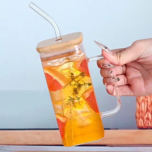 Image of Kamvy Reusable Glass Tumbler with Lid & Straw Pack of 1, 400ml Multipurpose Drinking Glasses Coffee Sipper Mugs with Multi Colored Handle for Juice Smoothies Iced Tea Cup (Square with Wooden LID)