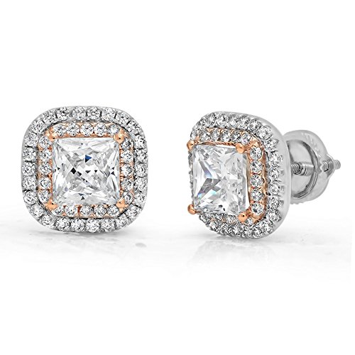2.42Ct Princess Round Cut Double Halo Solitaire Genuine Moissanite Unisex Designer Solitaire Stud Screw Back Earrings Solid 14K 2 Tone Gold #TOP22