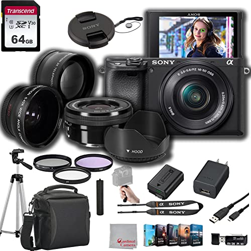 Sony a6400 Mirrorless Camera with 16-50mm Lens 64GB Memory,.43 Wide Angle & 2X Lenses, Case. Tripod, Filters, Hood, Grip, & Professional Video & Photo Editing Software Kit -  ILCE-6400L/B