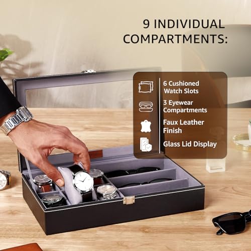 Image of Amazon Basics Unisex Faux Leather Watch Organiser Box with 9 Slots | 6 Watch Storage Compartments | 3 Sunglasses Holder | Transparent Lid (Black)