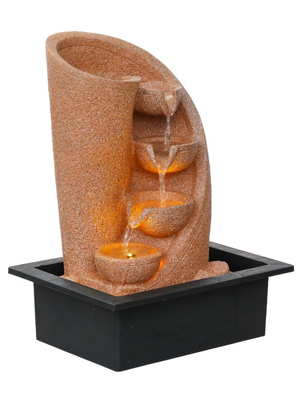 Image of Polyresin Table Top Cream Colour Indoor 3 Designer Steps Waterfall Fountain for Home Decor with Yellow LED Lights & Water Flow Controller Pump (Size: 38 x 29.5 x 22CM | Weight: 1750grm)