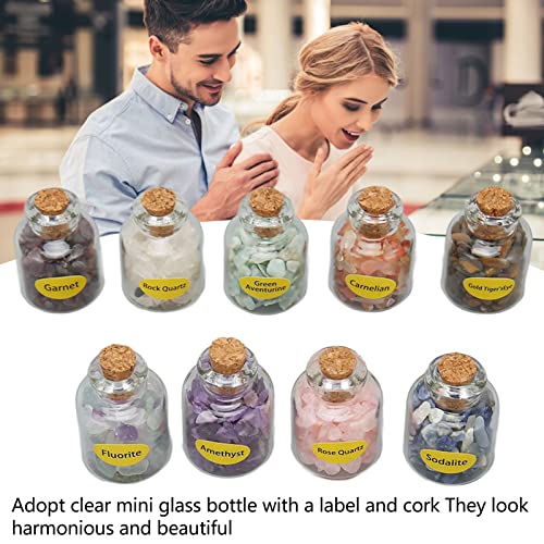 Sunicon 9pcs Crystal Gemstone Bottles Set,Mini DIY Craft Quartz Gravel Wishing Bottles Healing Crystal Tumbled Stones Collection Kit for DIY Jewelry Making Home Decoration