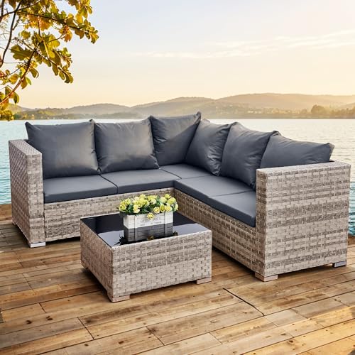 AOUXIN 5 Seater Rattan Garden Furniture Set, Rattan Corner Sofa Set Patio Sofa with Glass Table (Grey) - Image 2