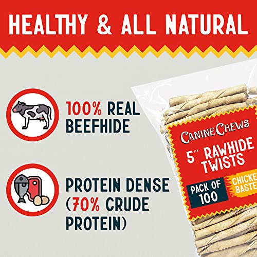 Canine Chews Small Rawhide Twists for Dogs - Pack of 100 5\" Chicken Flavored Rawhide Sticks for Small Dogs & Puppies - Protein Dense Chicken Rawhide Twists - Natural Dog Rawhide Sticks - Thumbnail 5